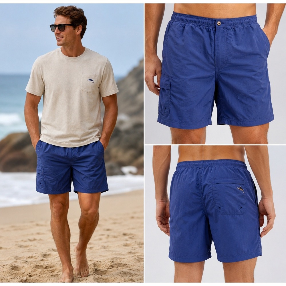 Tommy Bahama Mens L Blue Cargo Mesh Lined Swim Trunks Shorts beach pool yacht